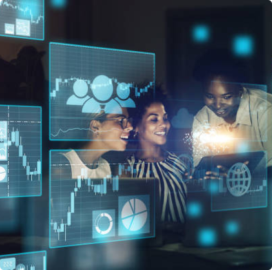 people at hologram screen